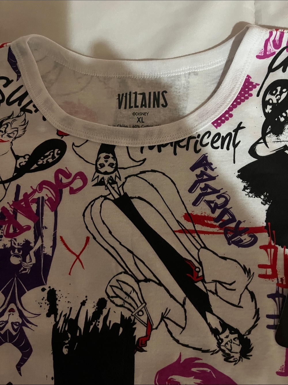 Disney White Villains Graphic Tee with Black, Purple & Red Print